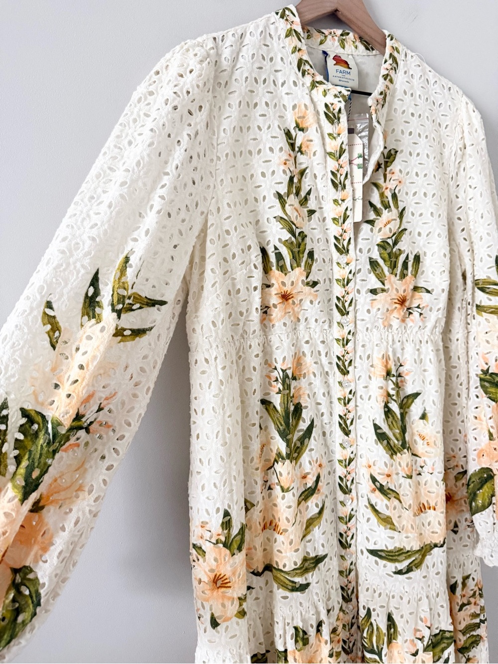 NWT Farm Rio Long Sleeve Cream Peach Floral Eyelet Maxi Dress Size L - Picture 3 of 9